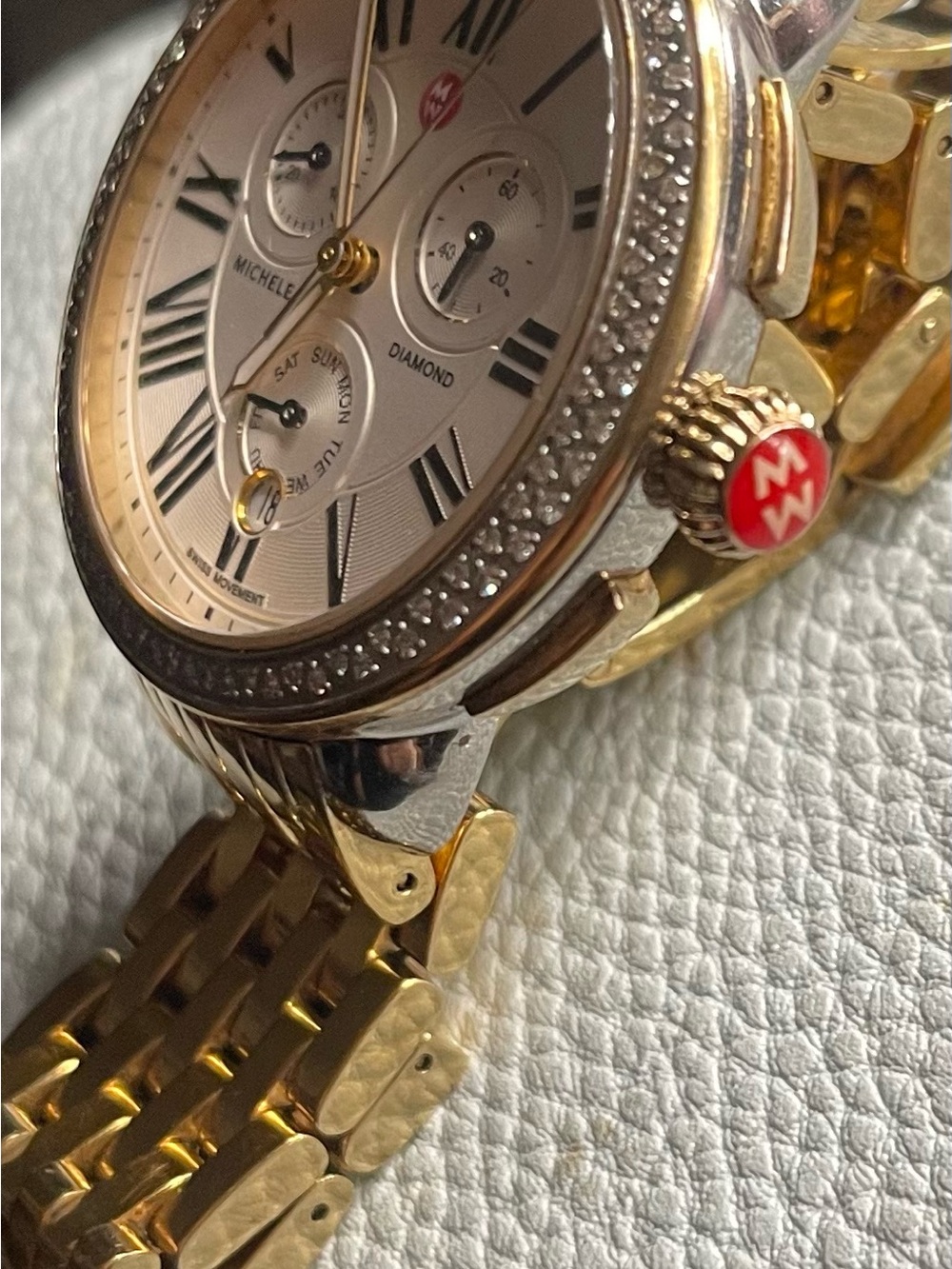 Michele Gold-Tone Diamond-Bezel Bracelet Watch with White Dial - Picture 2 of 4